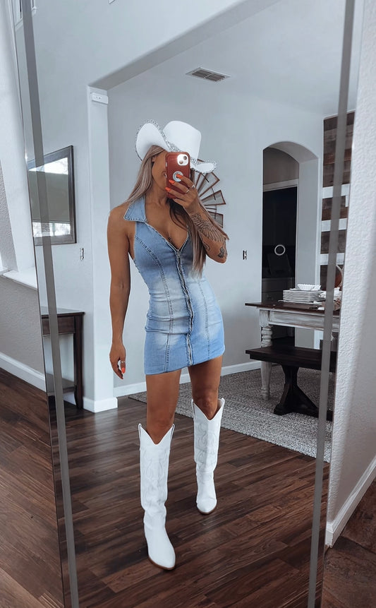 Zip up denim dress preorder