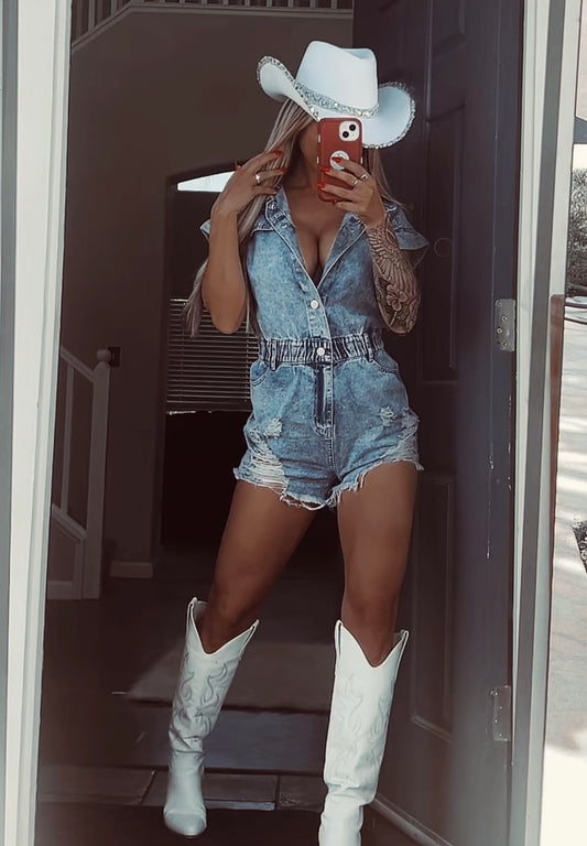 Cinched denim romper